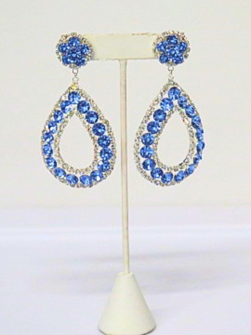 Estate Blue Rhinestone Teardrop Statement Earrings Oversized Party Jewelry - Picture 4 of 6